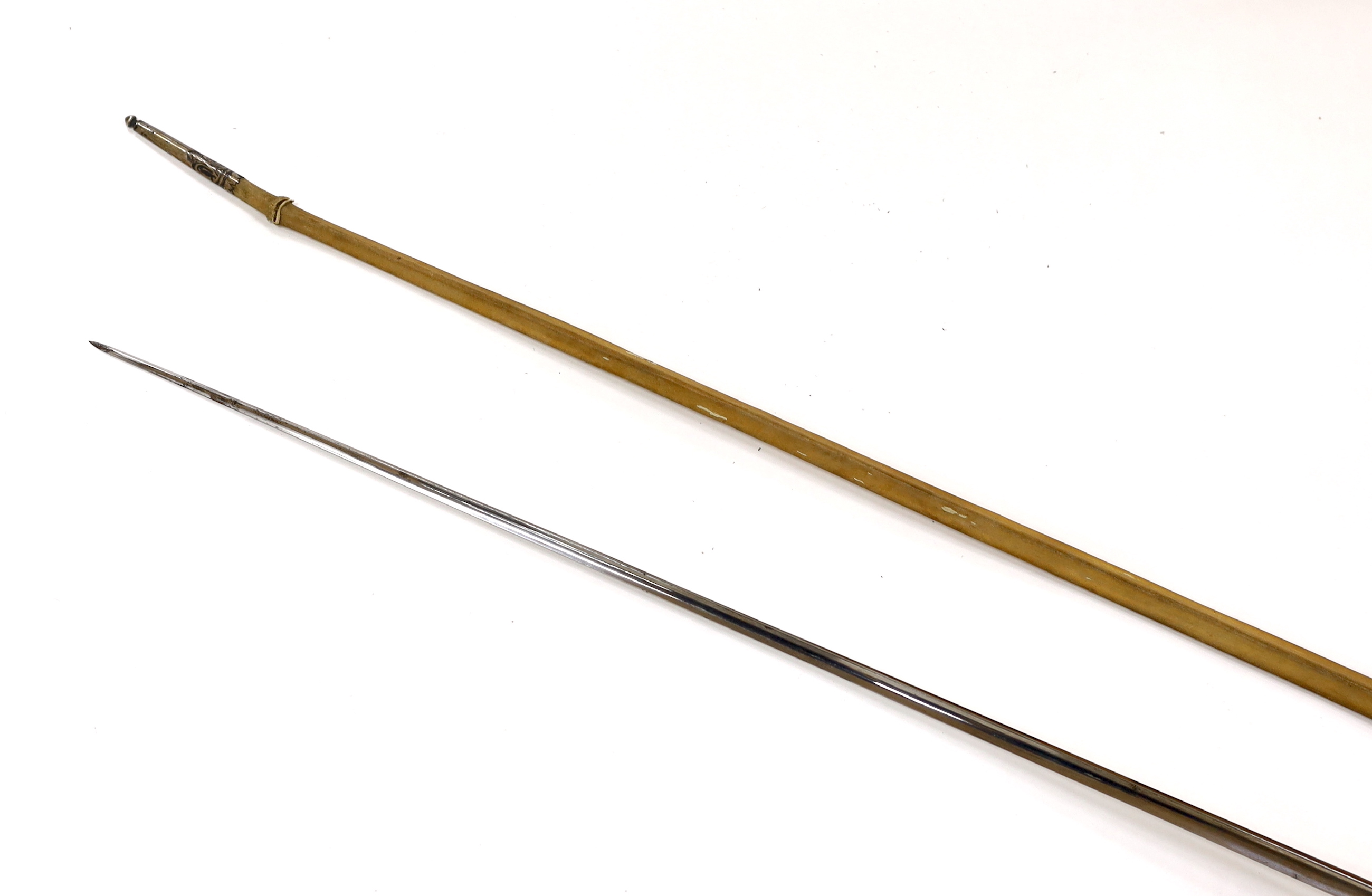 An English small sword, c.1775, pierced with facetted stud work, silver tape and wire bound grip, triangular section etched blade, in its original vellum scabbard and silver mounts, top mount engraved Dieltry Royal Excha